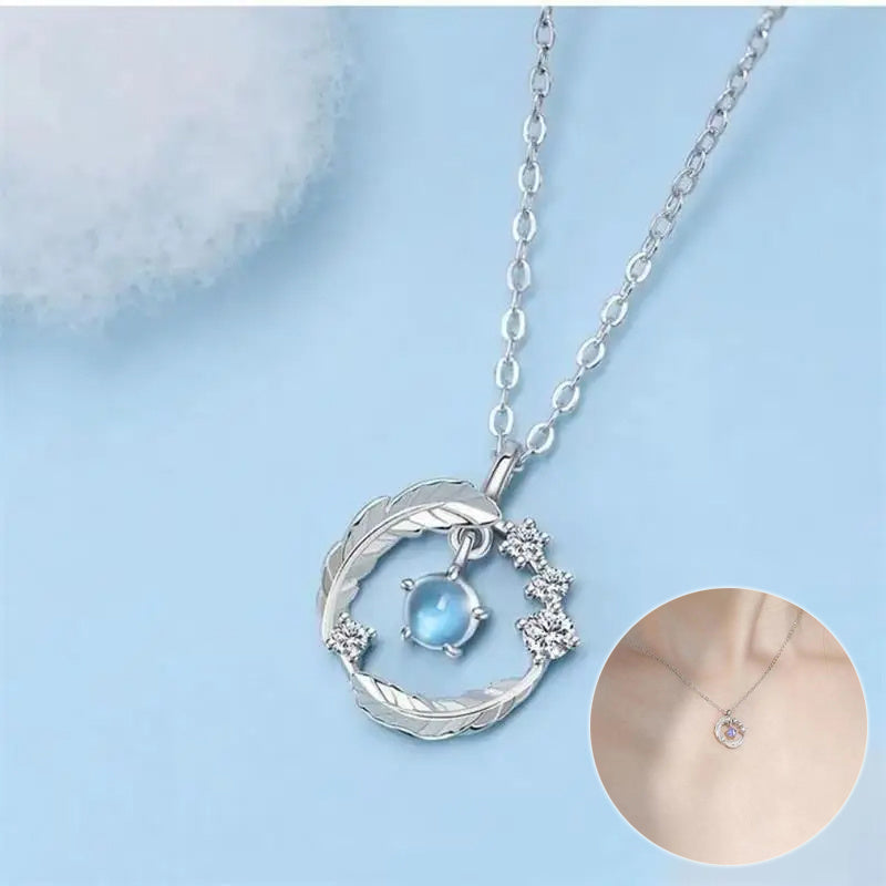 925 Silver Plated Feather Shape Pendant Necklace Moonstone Round Bead Jewelry Choker Gift