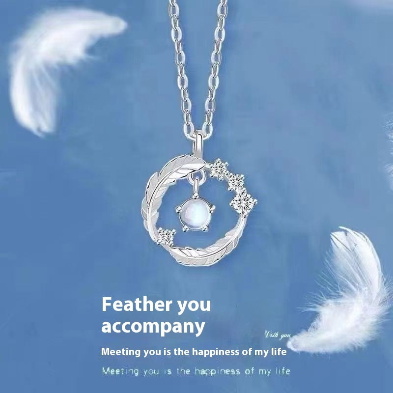 925 Silver Plated Feather Shape Pendant Necklace Moonstone Round Bead Jewelry Choker Gift