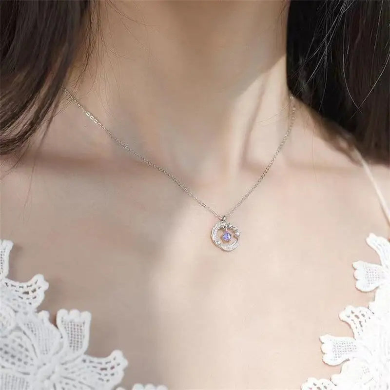 925 Silver Plated Feather Shape Pendant Necklace Moonstone Round Bead Jewelry Choker Gift
