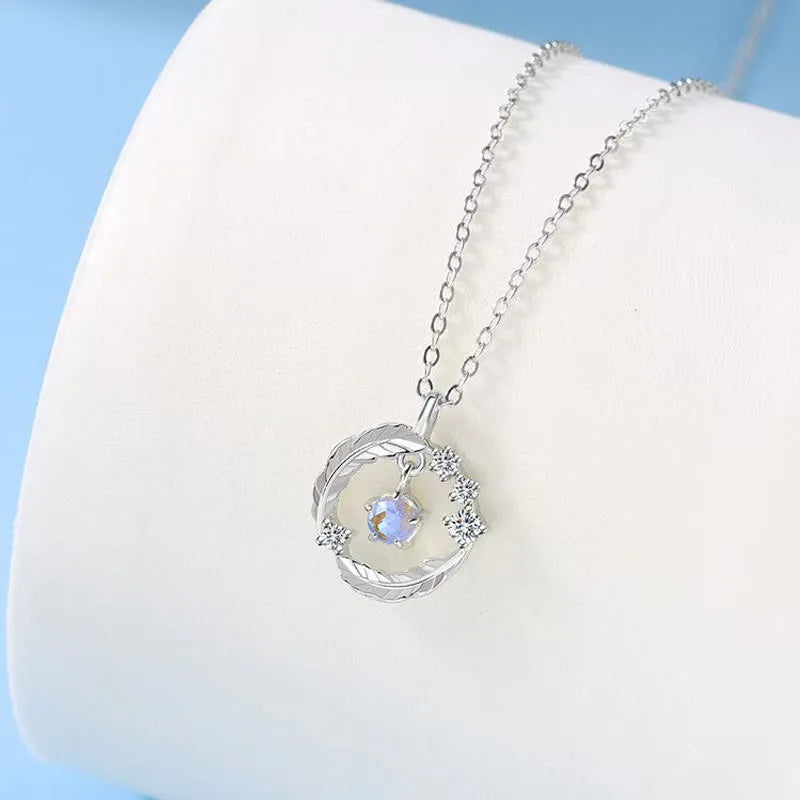 925 Silver Plated Feather Shape Pendant Necklace Moonstone Round Bead Jewelry Choker Gift