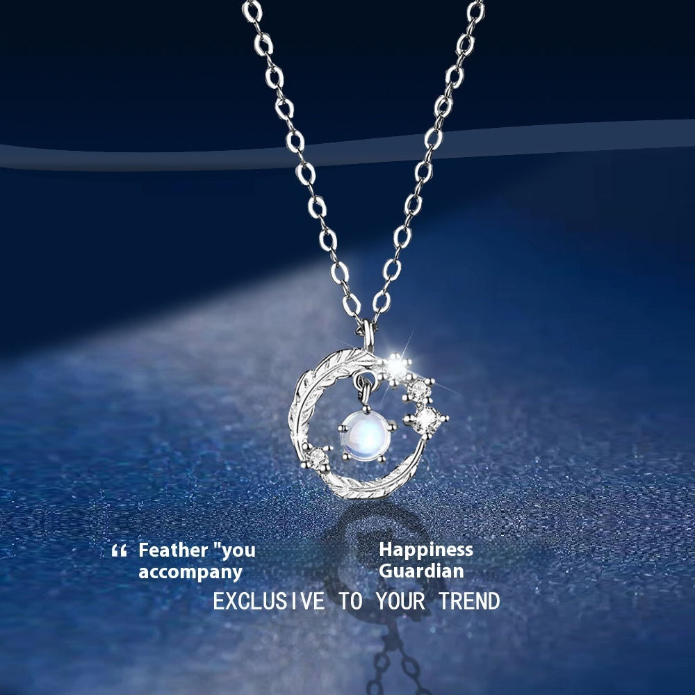 925 Silver Plated Feather Shape Pendant Necklace Moonstone Round Bead Jewelry Choker Gift